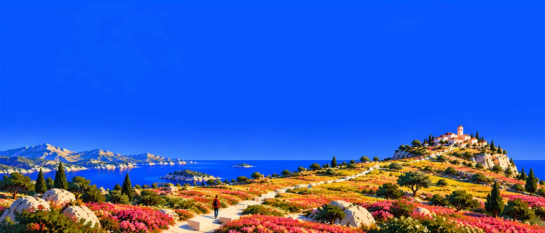 Illustration : un marcheur suit un chemin de blocs vers un village au bord de la mer, entre les fleurs.